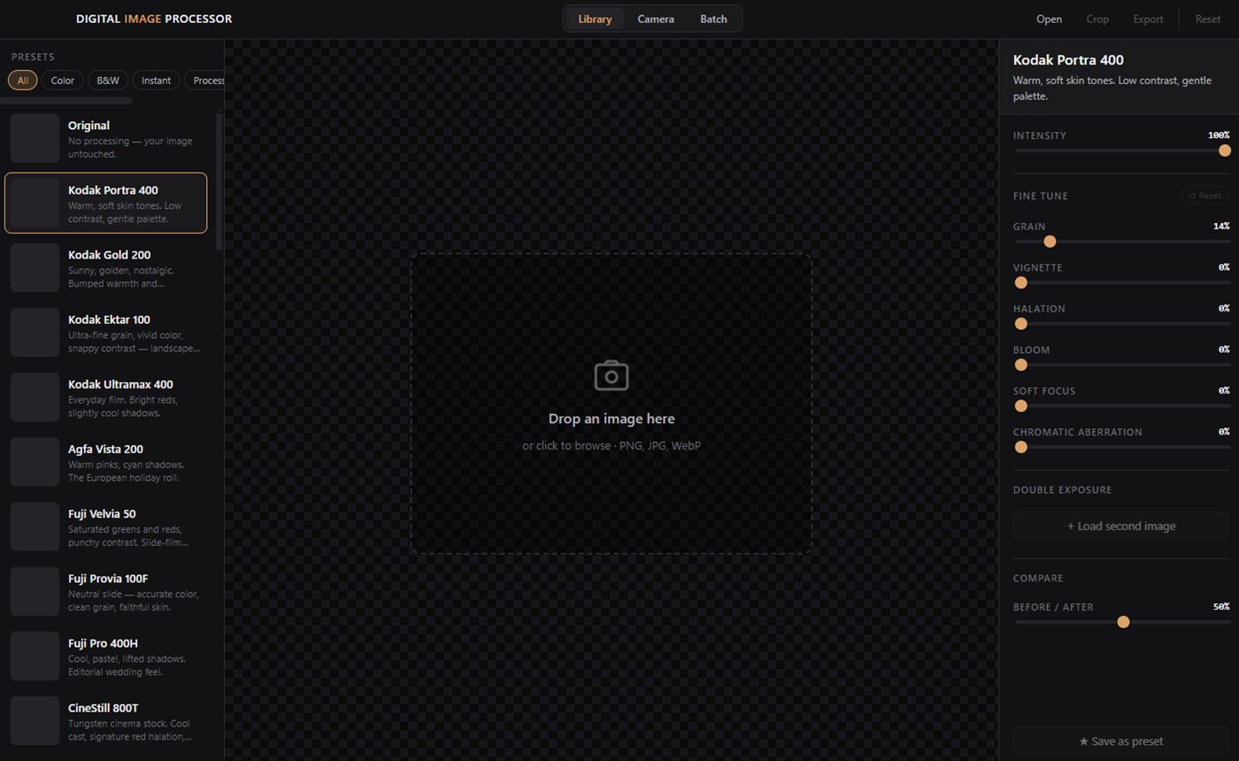 Screenshot of Digital Image Processor — film preset sidebar, drop zone, and Kodak Portra 400 controls