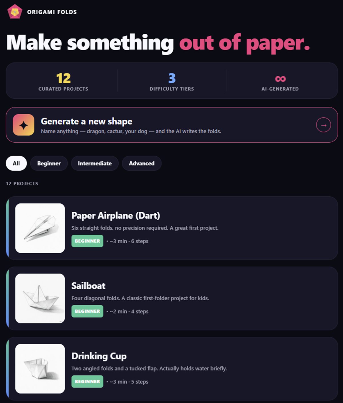 Screenshot of Origami Folds app — hero, stats, and project list